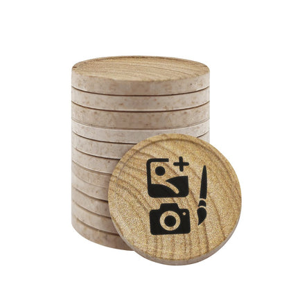 Custom wood fiber tokens with wood-grain look Ø23mm - 100 pcs