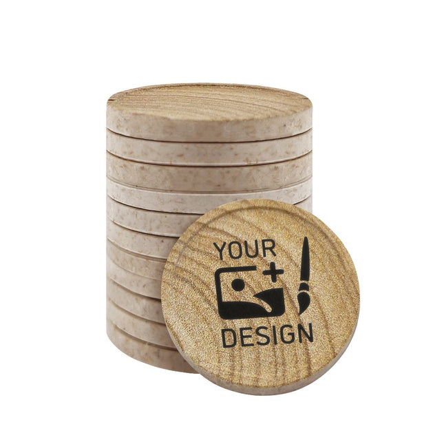 Custom wood fiber tokens with wood-grain look Ø23mm - 100 pcs