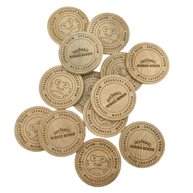Custom embossed wooden tokens Ø50mm – 50 pcs