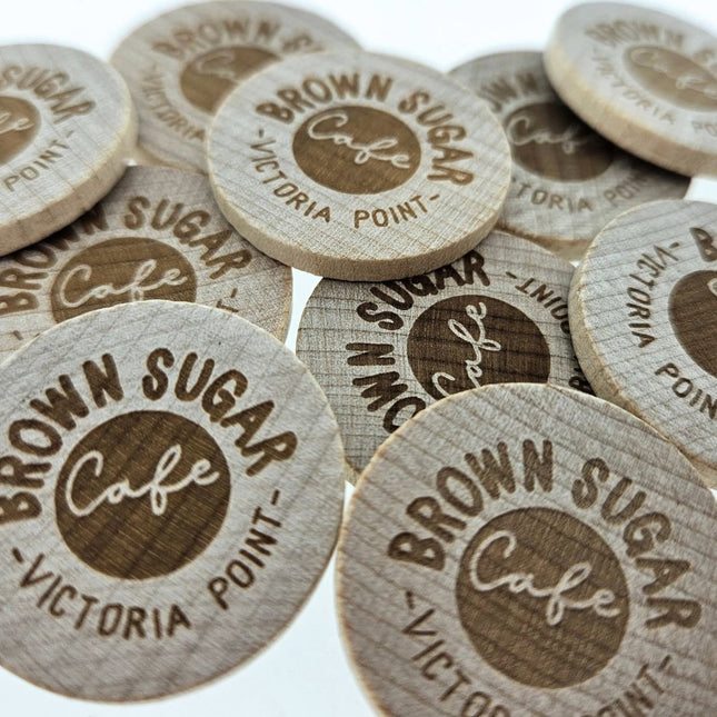 Custom embossed wooden tokens Ø29mm – 100 pcs