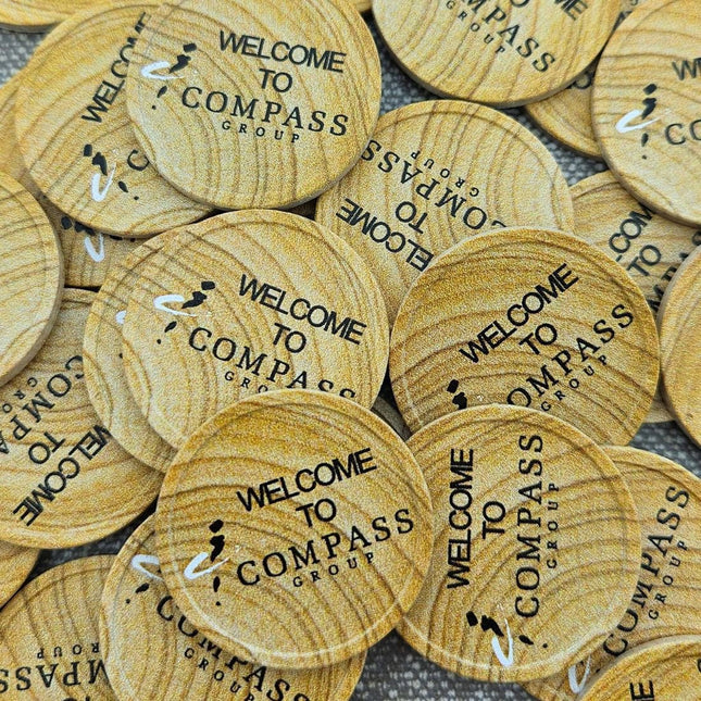 Custom wood fiber tokens with wood-grain look Ø29mm - 100 pcs