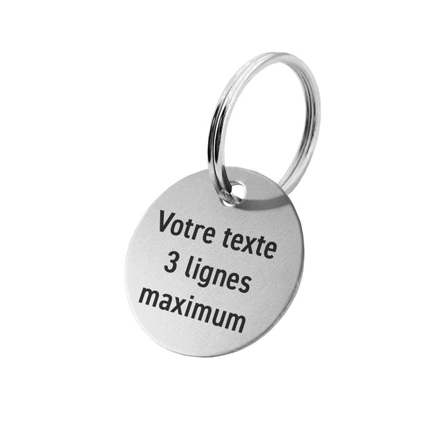 Porte-clés argenté avec texte en aluminium anodisé rond - par pièce