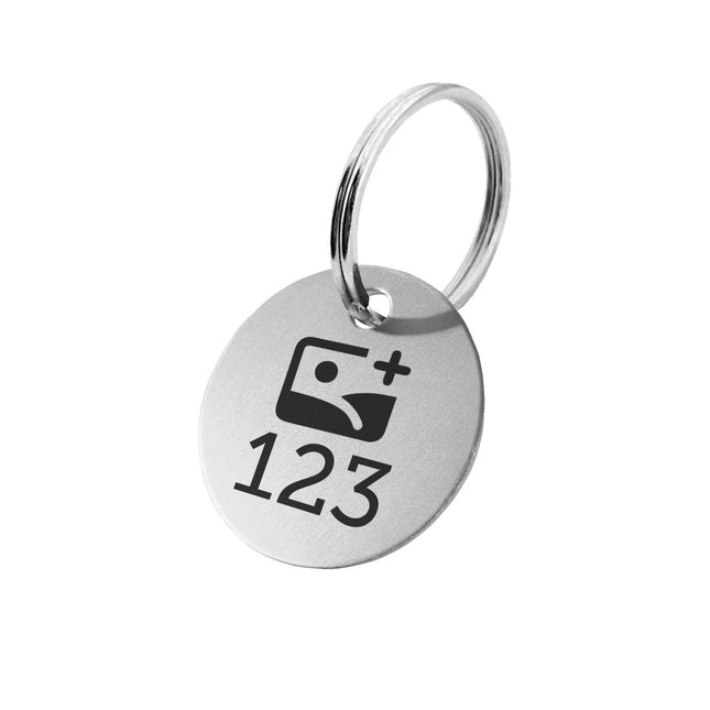 Silver aluminum key tag with text and logo